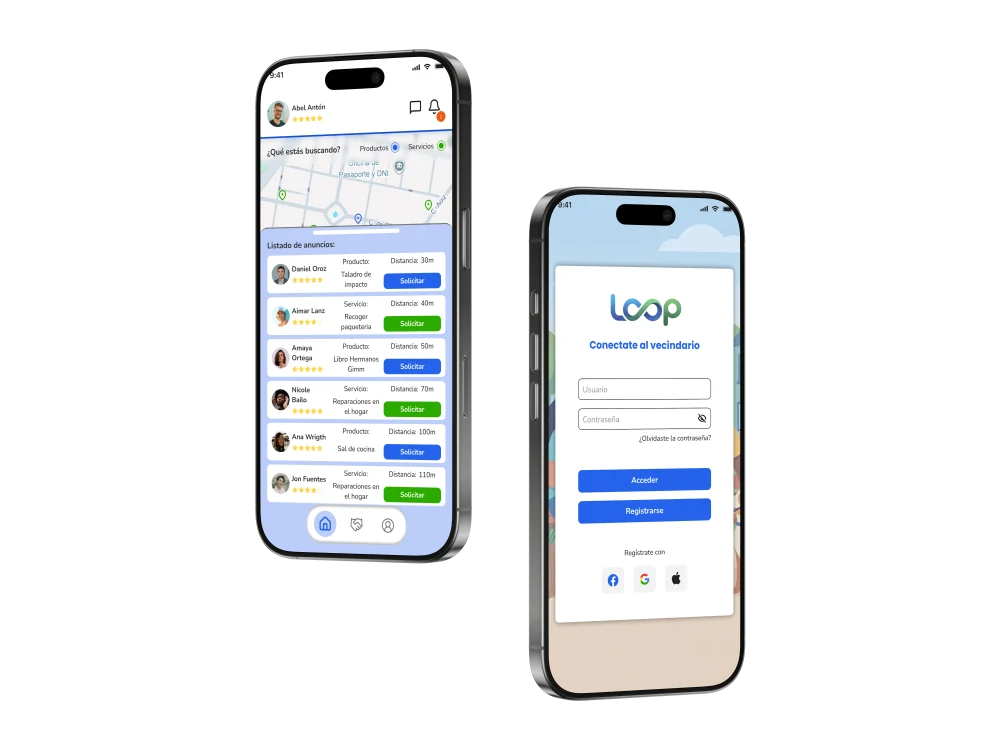 Pantallas de inicio de sesión y listado de anuncios de Loop