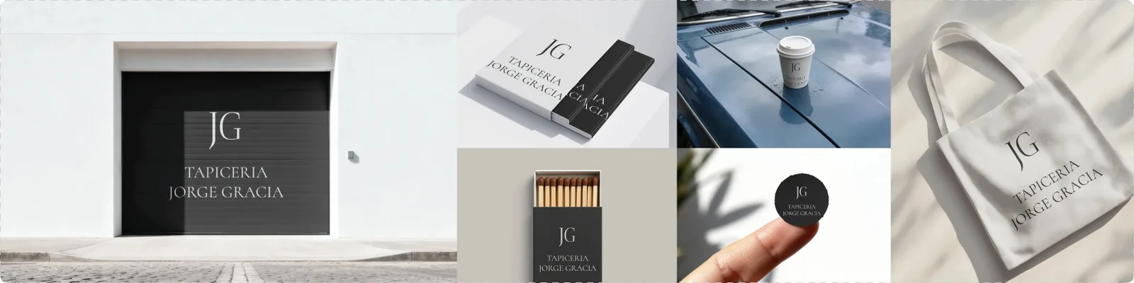 Mockups de la marca: fachada, tarjetas, vaso, cerillas, bolsa y pegatina