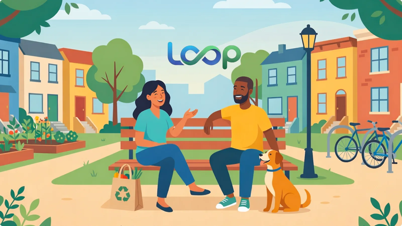 Ilustración de dos vecinos conversando en un banco con el logo de Loop